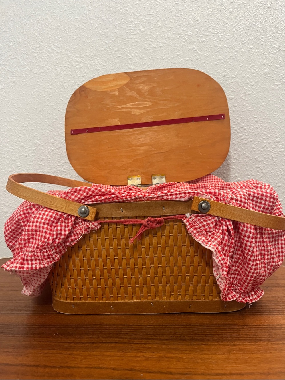 Vintage Red Man Woven Picnic Basket with Red Gingham Liner